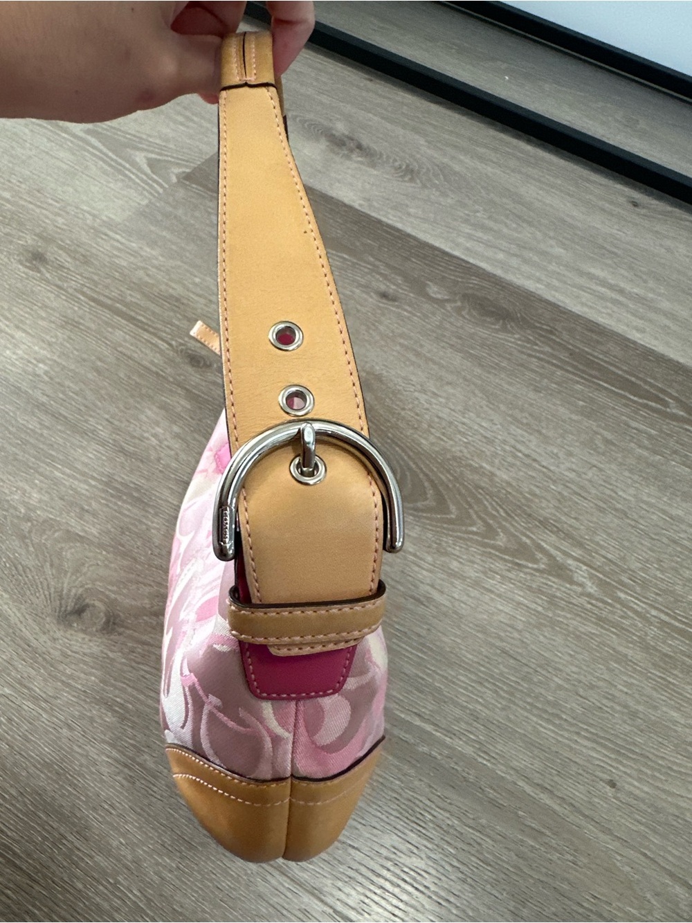 Rare Coach Pink Signature Jacquard Mini Shoulder Bag with Tan Trim - Picture 12 of 14
